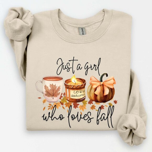 Just A Girl Who Loves Fall Sweatshirt, Fall Sweatshirt Thanksgiving Gift Coffee - Picture 1 of 5